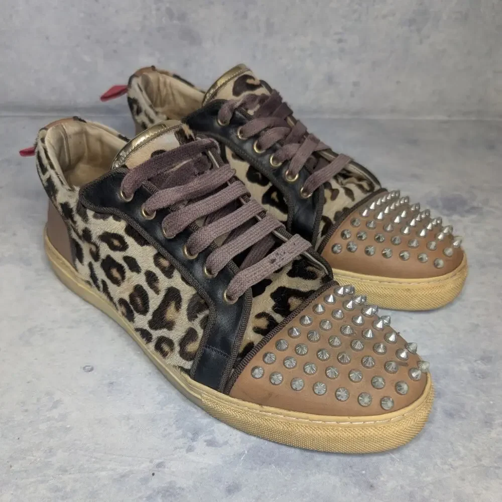 Ron Tomson Men's Punk Rocker Spiked Low-Top Sneaker in Leopard Print, Size 10.5
